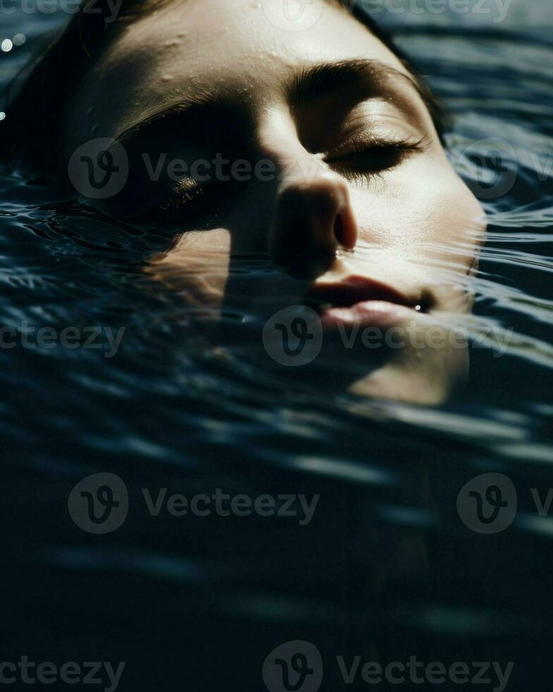 Minimalistic photography captures the peacefulness of a woman submerged in water with her eyes closed.. Generative AI photo