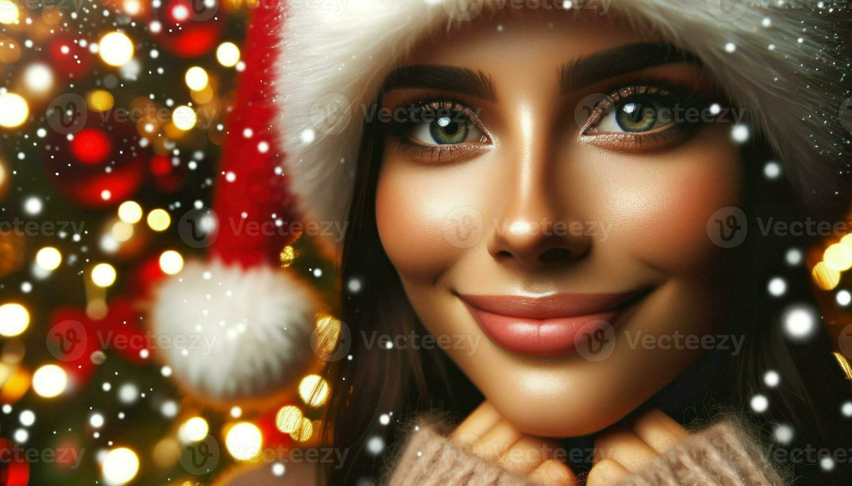 Close-up shot of a woman's face illuminated by the soft glow of Christmas lights. She wears a festive hat and her eyes sparkle with joy. Generative AI photo