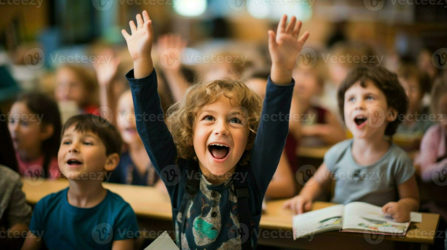 un pequeño chico en clase con su manos elevado en el aire. generativo ai foto