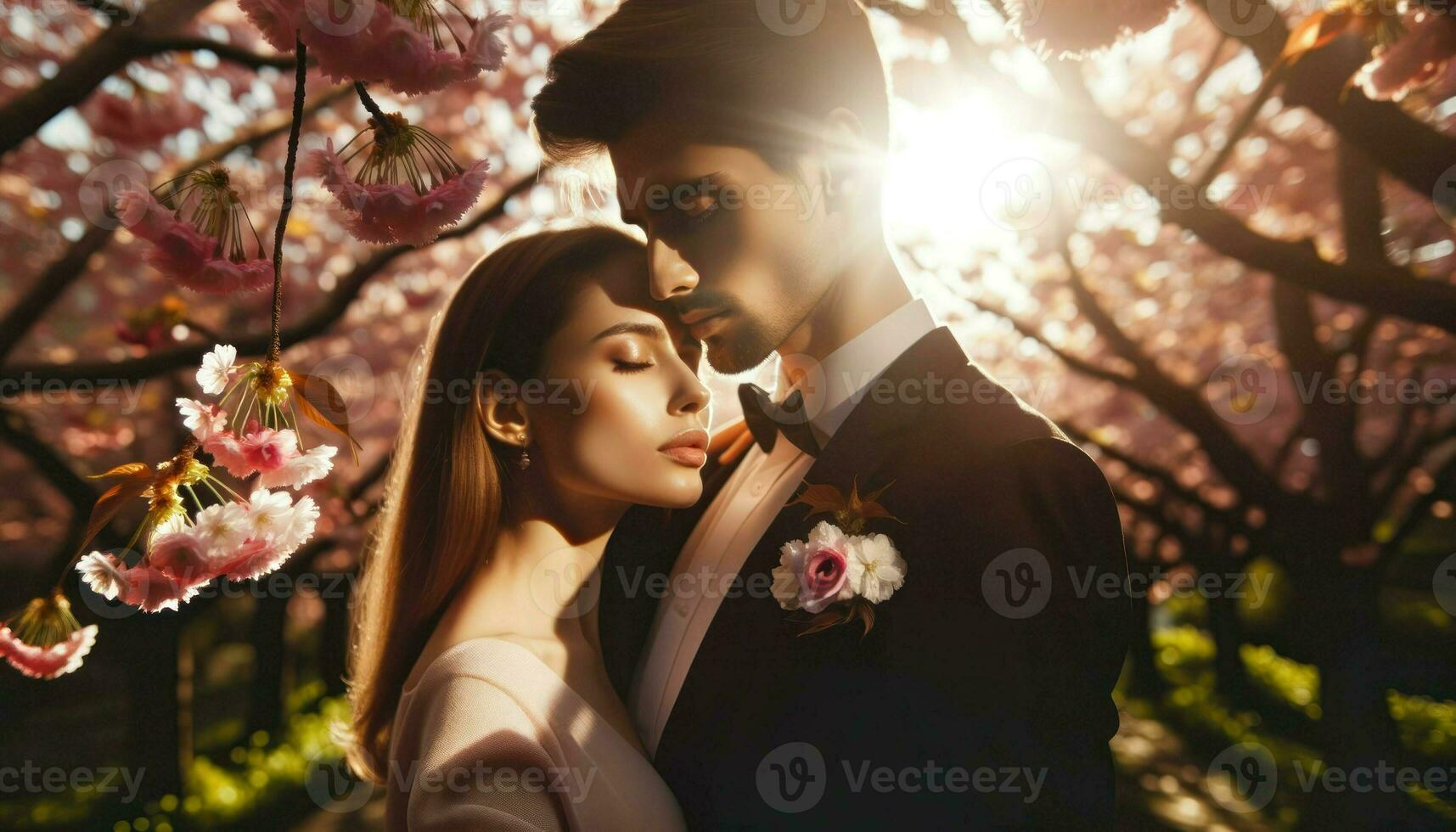 A couple dancing on a path lined with blossoming cherry trees.. Generative AI photo