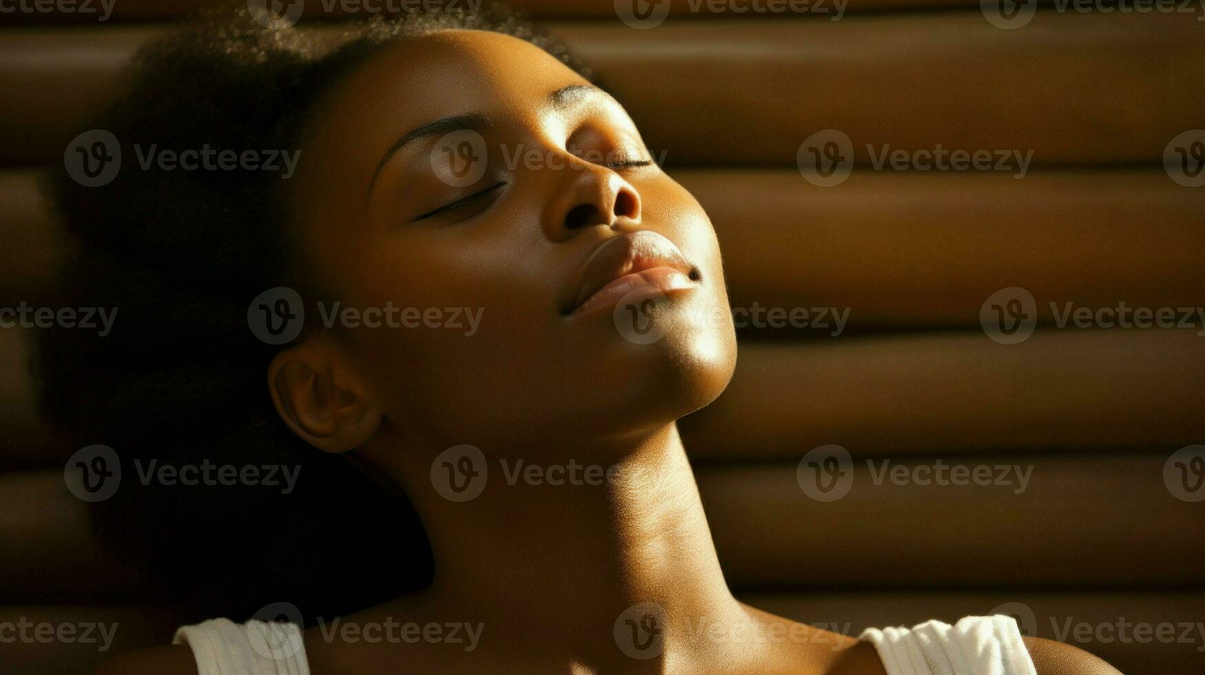 un sereno africano americano mujer relajante con ojos cerrado.. generativo ai foto