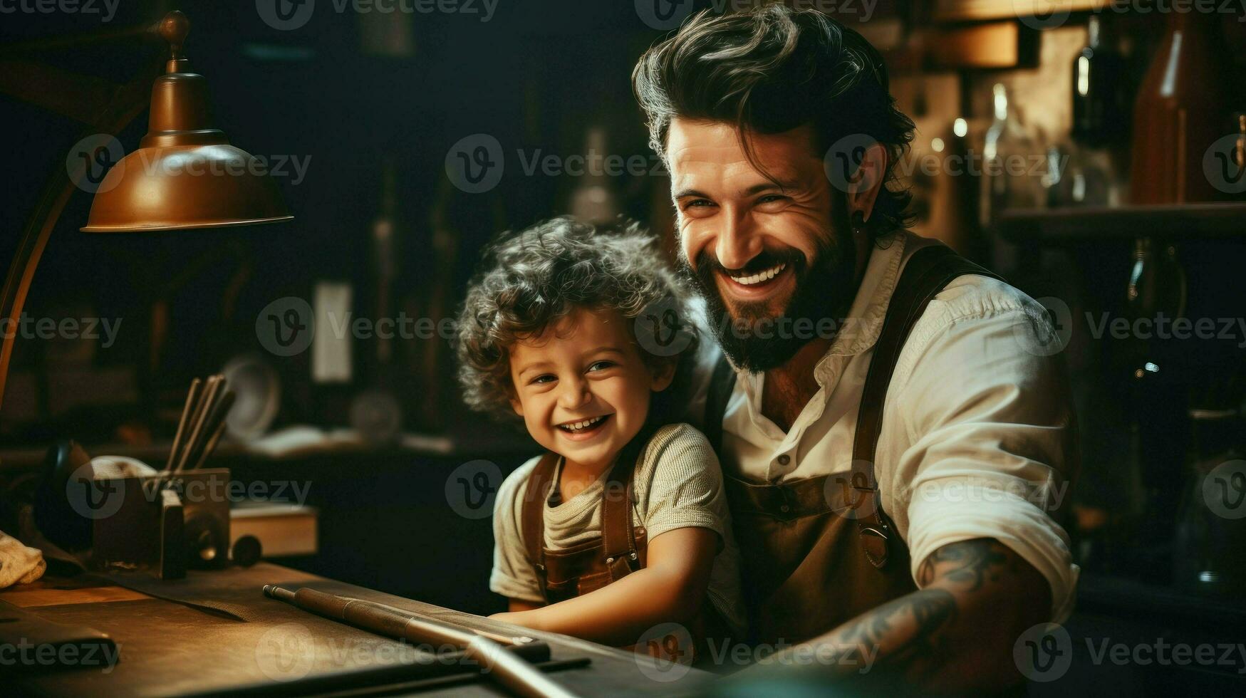 Joyful father and child sharing a light-hearted moment in the kitchen.. Generative AI photo