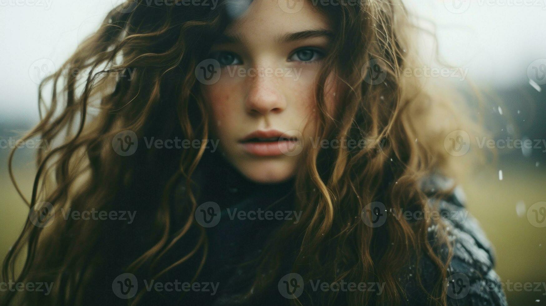 A portrait of a little girl with wavy hair and a serious expression.. Generative AI photo