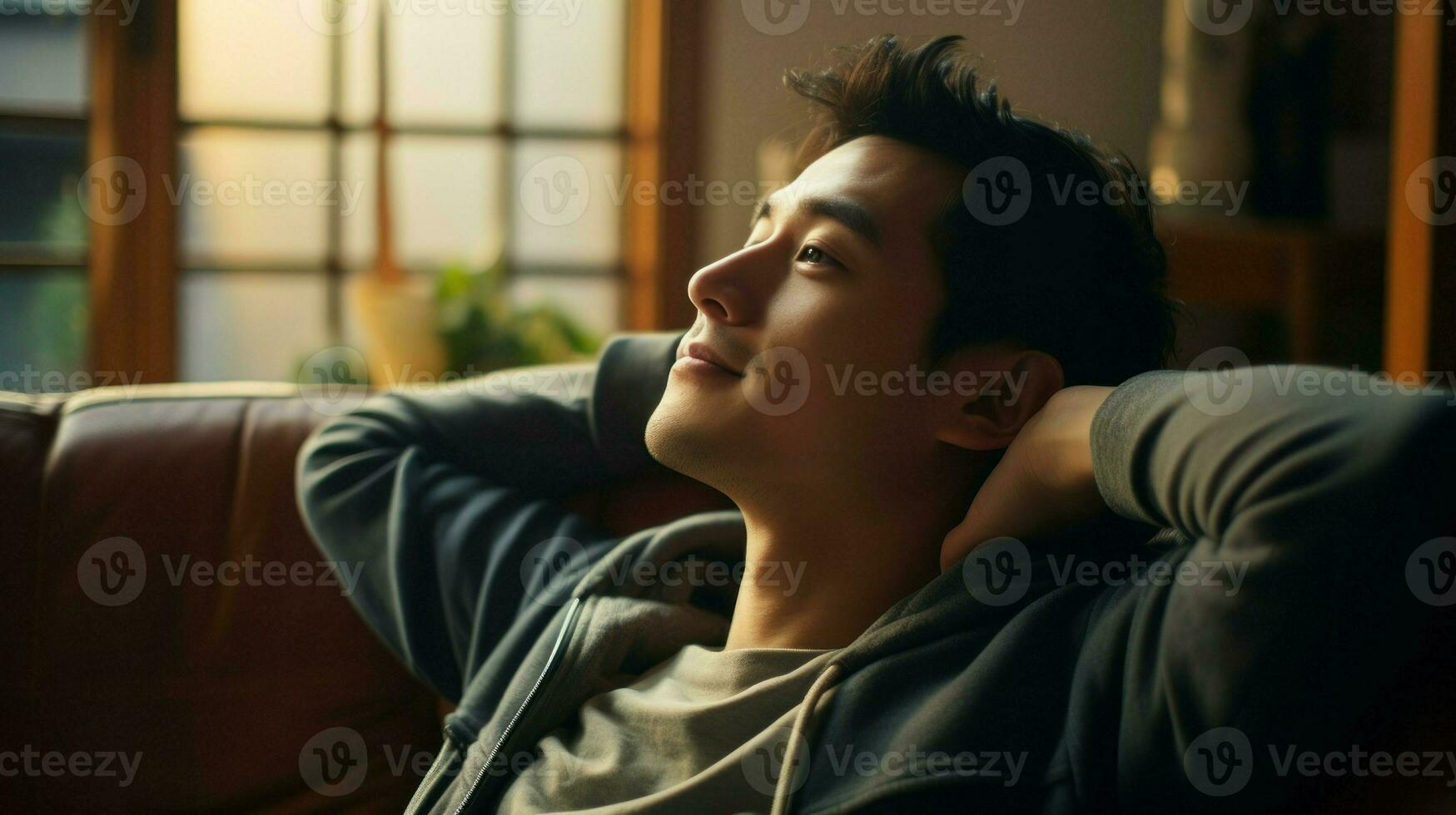 Young asian boy posing relax. Generative AI photo