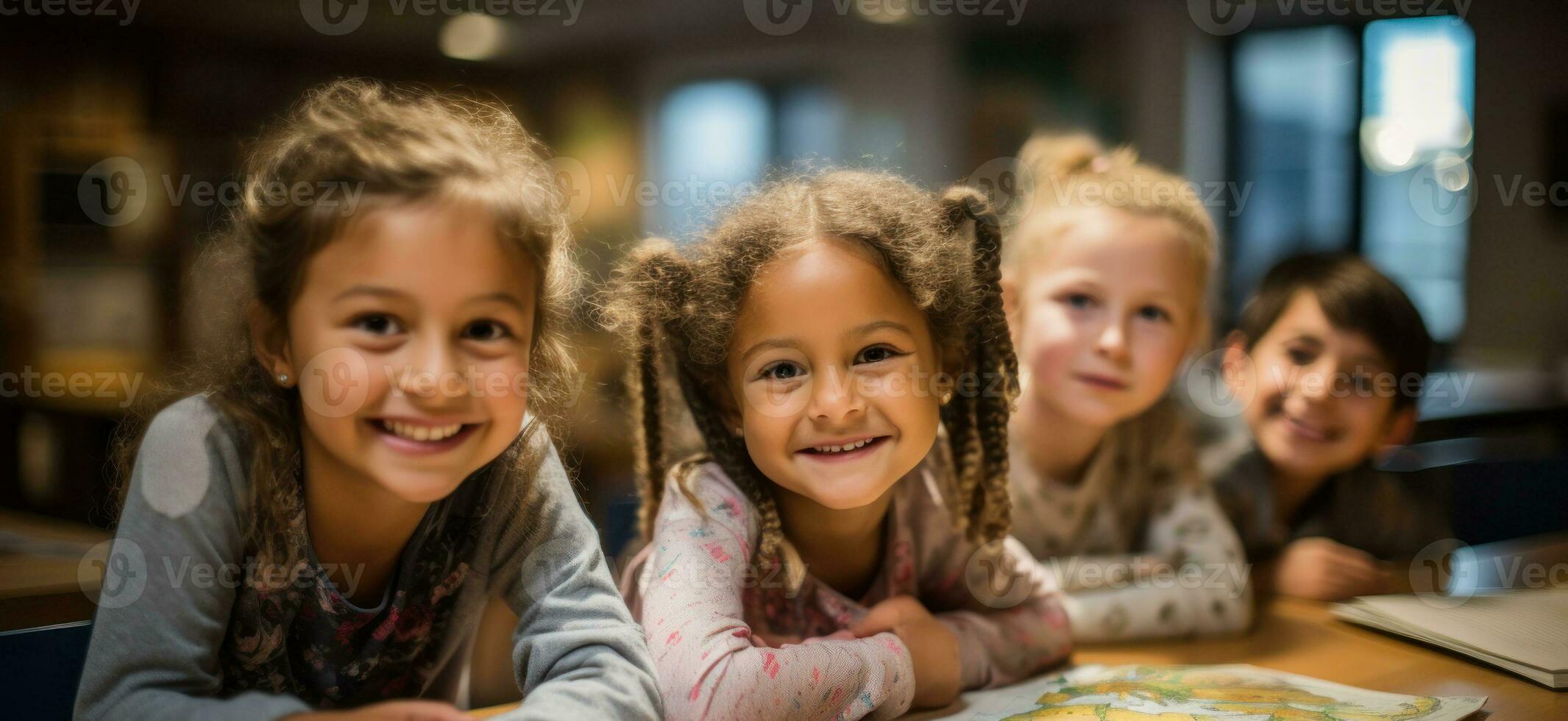 A close-up of a girl with curly hair, smiling with her classmates in the background.. Generative AI photo