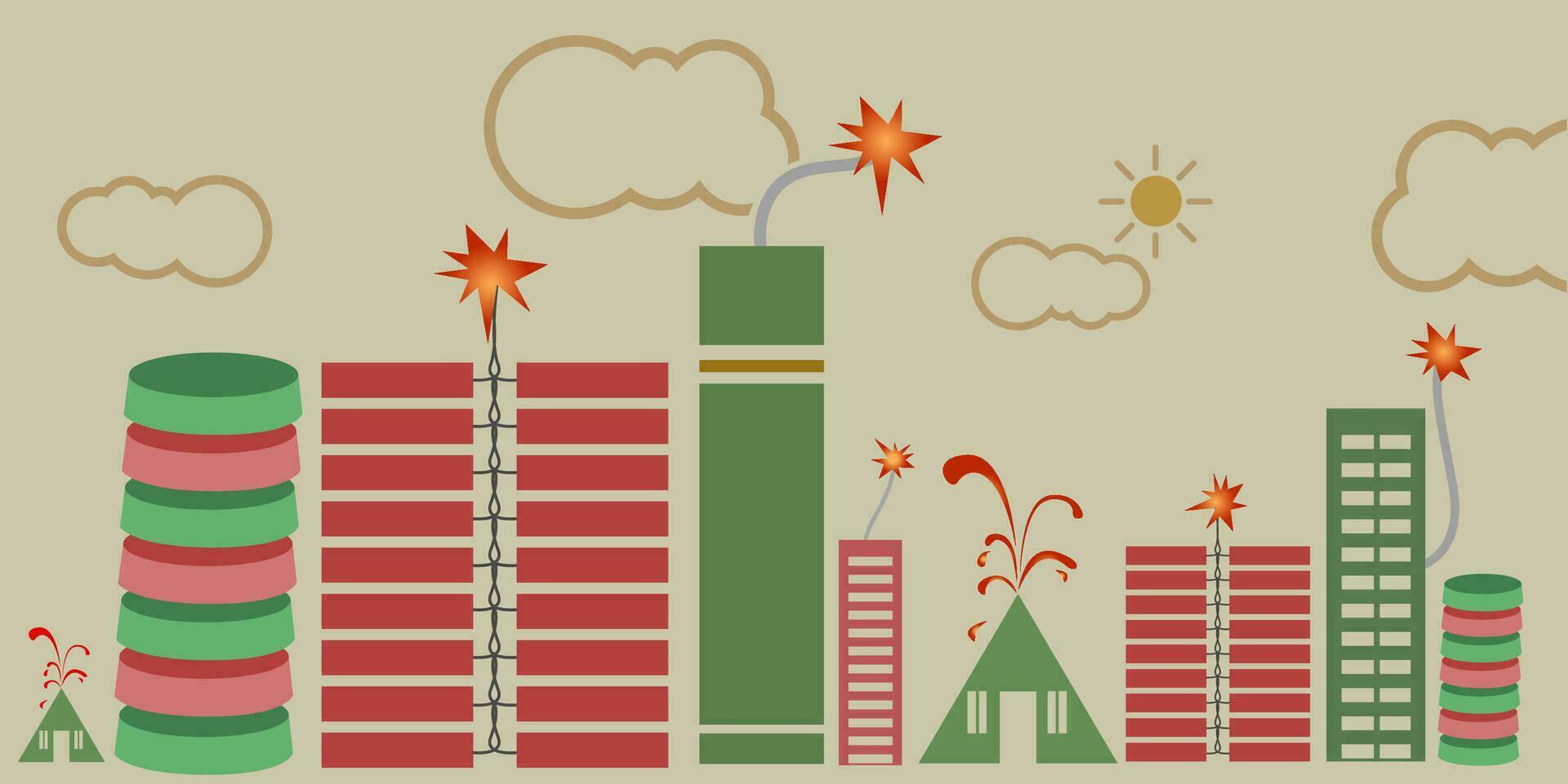 Firecrackers city vector illustration background. Safe Diwali, green diwali.