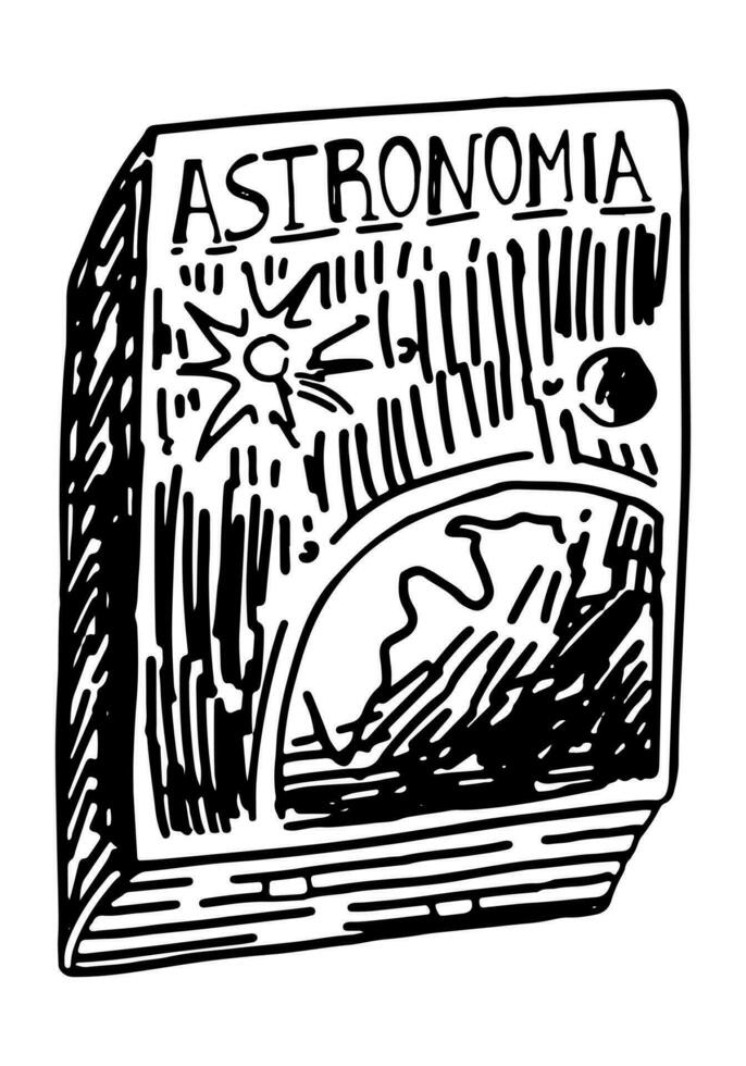 colegio libro, astronomía libro de texto para educación. retro estilo contorno acortar Arte. mano dibujado vector ilustración aislado en blanco antecedentes.