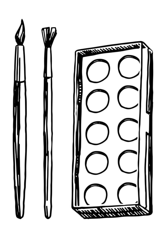 Paint and paints brushes. Artist supplies simple ink sketches. Hand drawn vector illustration. Retro outline clipart isolated on white.