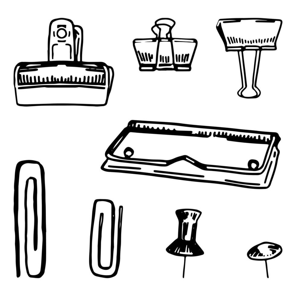 Set of paper clips, binder clips, pins, push pins, tacks. Stationery office supplies sketches collection. Hand drawn vector illustrations. Holders for documents isolated on white.