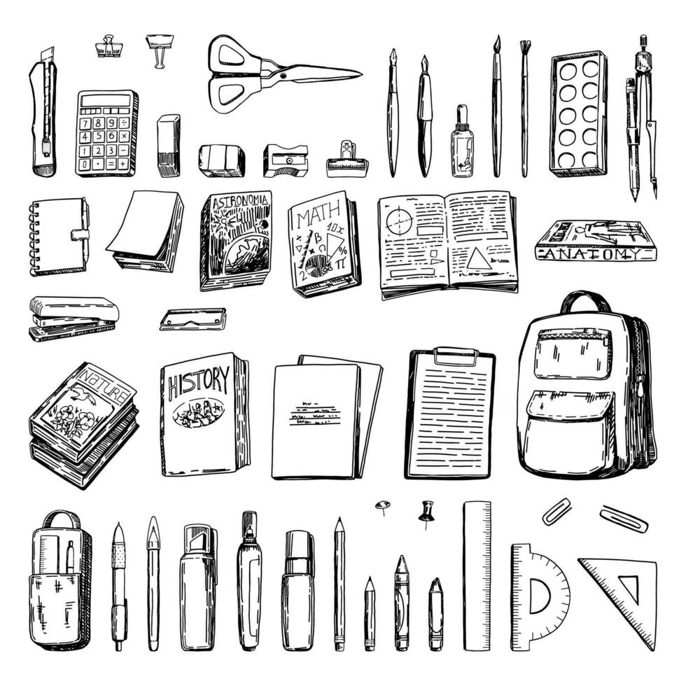 School supplies sketches collection. Set of backpack, notebooks, textbooks, stationery items, rulers, scissors. Hand drawn vector illustrations. Back to school cliparts isolated on white.