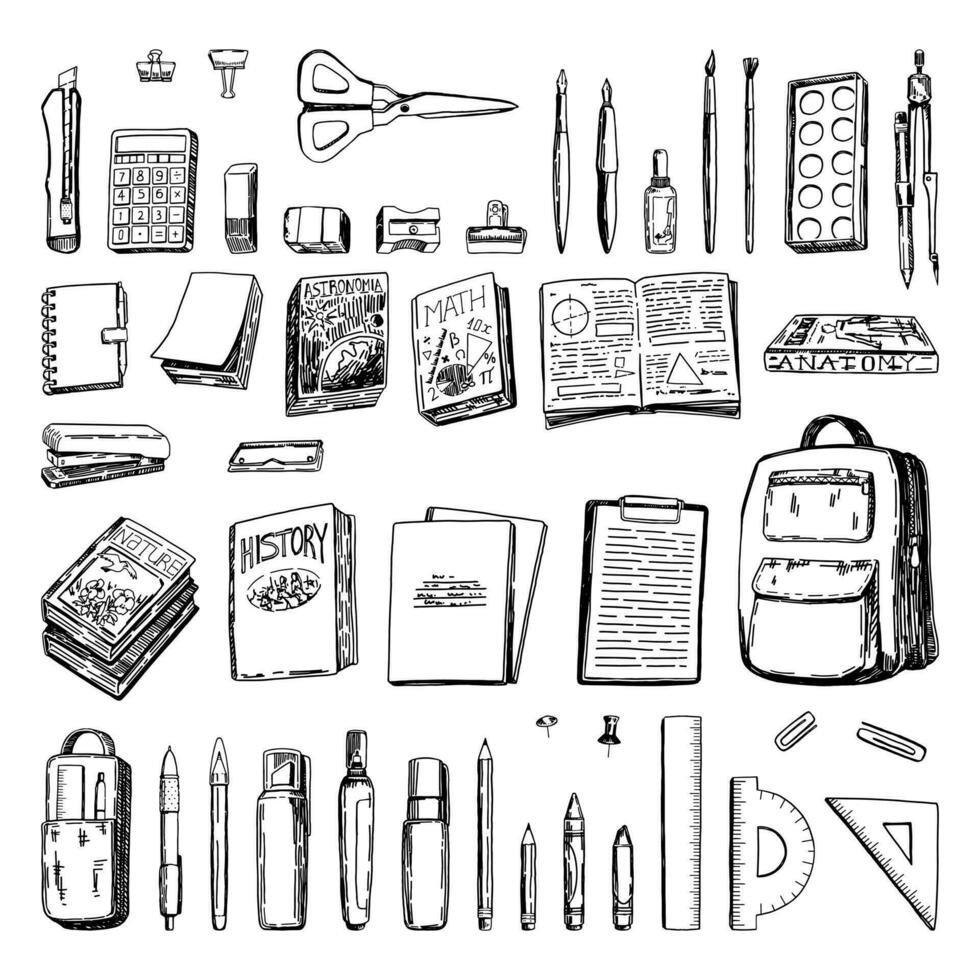 colegio suministros bocetos recopilación. conjunto de mochila, cuadernos, libros de texto, papelería elementos, gobernantes, tijeras. mano dibujado vector ilustraciones. espalda a colegio clipart aislado en blanco.