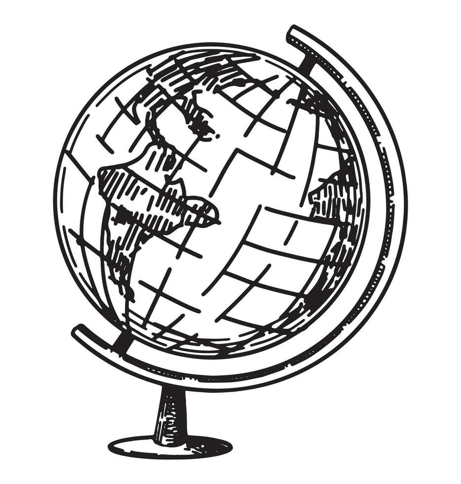 Desktop globe sketch. Geography model, school classroom tool outline clip art. Hand drawn vector illustration isolated on white.