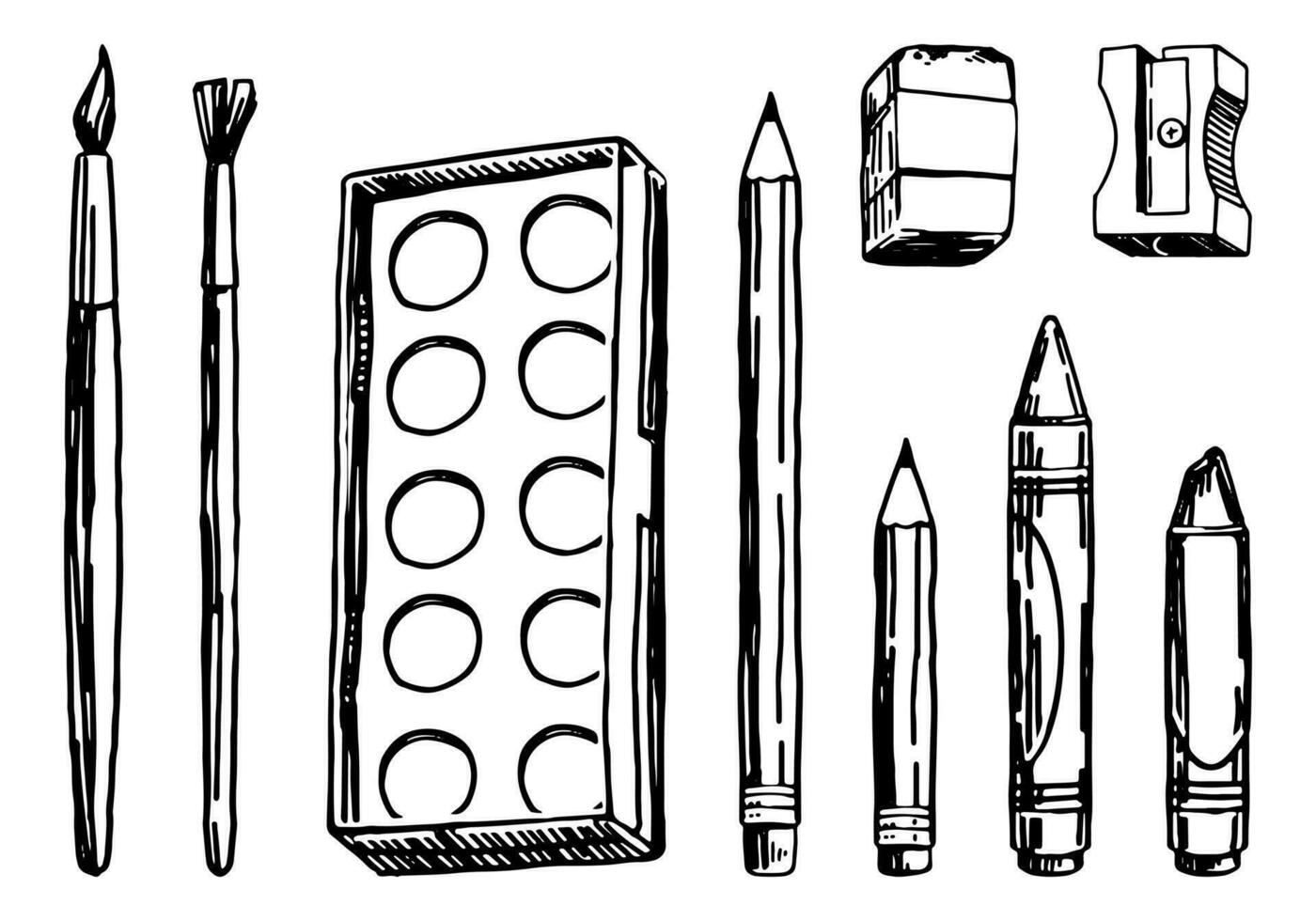 Beginner artist supplies collection. Set of paints, pencils, paint brushes. Hand drawn vector illustrations. Back to school cliparts isolated on white.