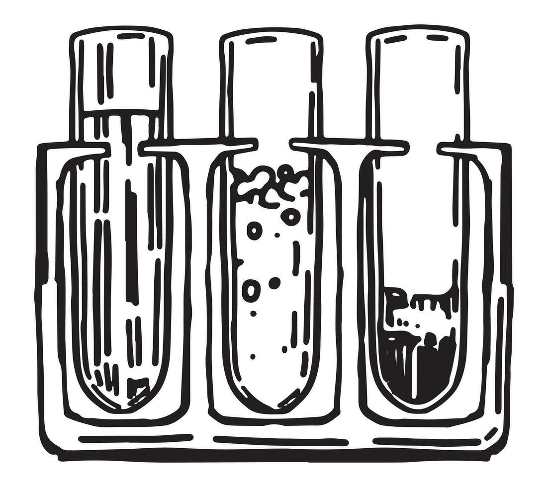 Test tube rack with various samples. Chemistry or biology laboratory, education, experiment outline clip art. Hand drawn vector illustration isolated on white.