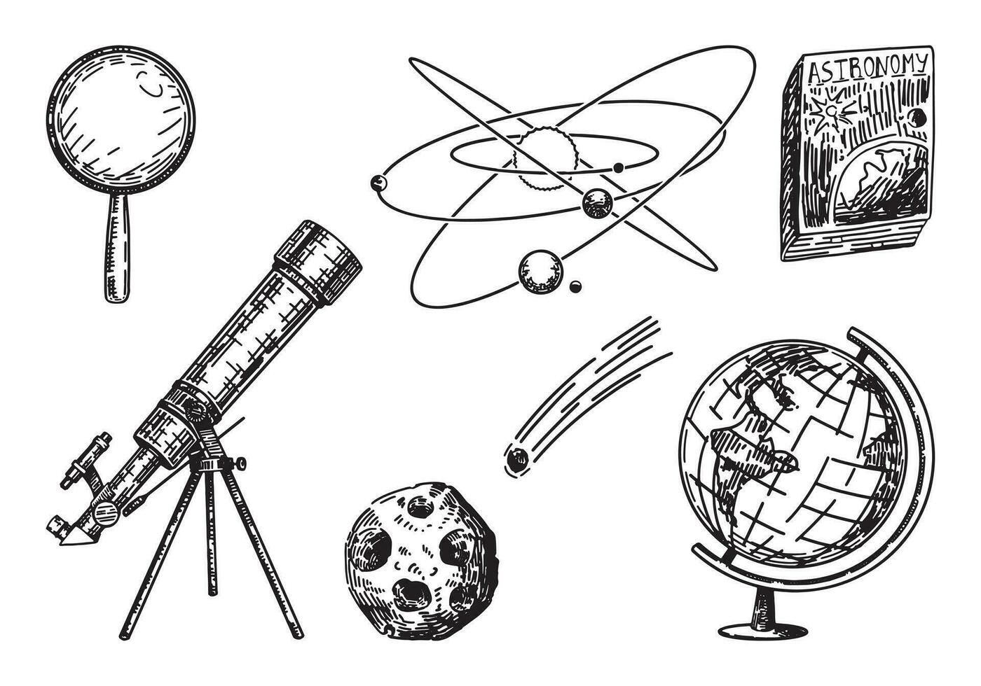 astronomía lección colegio atributos recopilación. conjunto de telescopio, globo, libro de texto, aumentador vaso, cósmico cuerpo. mano dibujado vector ilustraciones. espalda a colegio clipart aislado en blanco.