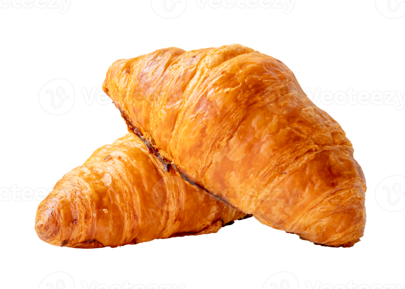 two piece of croissant in stack or cross shape isolated with clipping path and shadow in png file format
