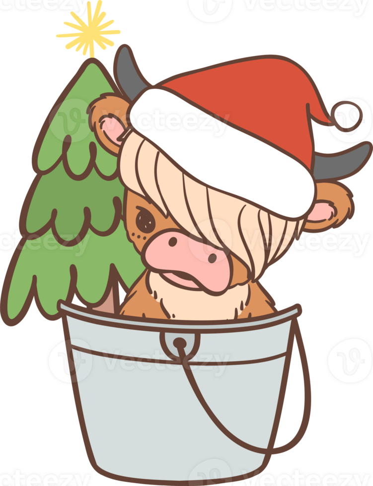 Baby Highland cow with Santa hat Christmas, in bucket png