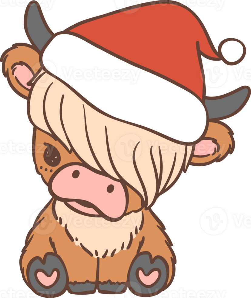 Baby Highland cow with Santa hat Christmas png