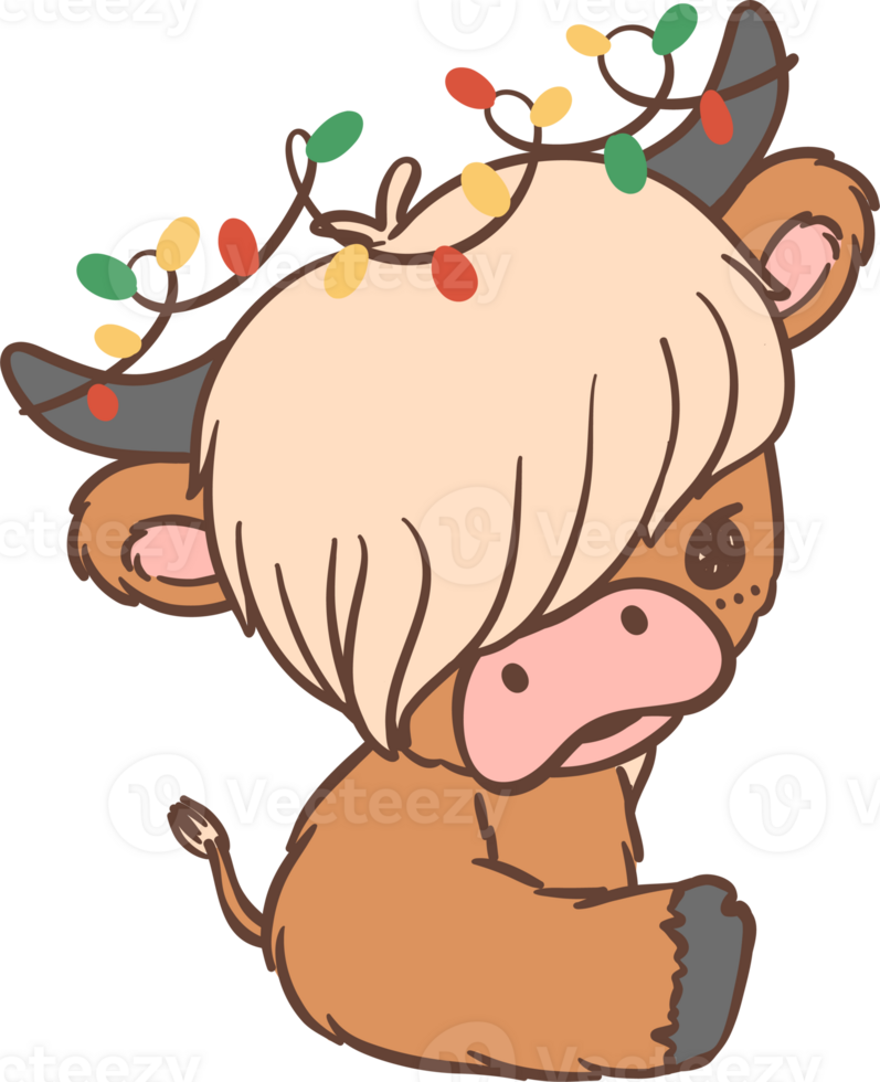 Baby Highland cow Christmas with decoration lights png