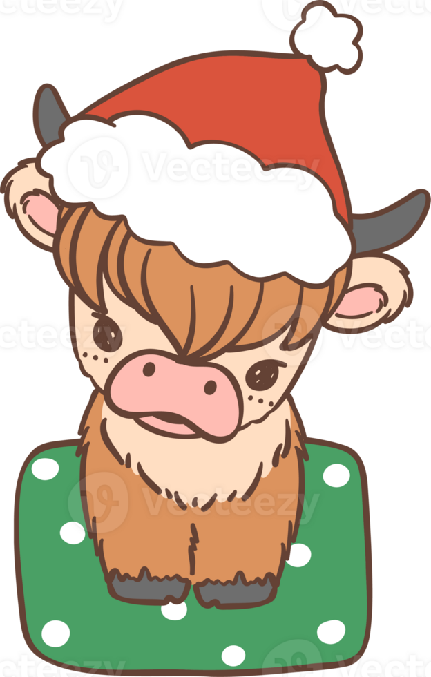 Baby Highland cow with Santa hat Christmas, in bucket png