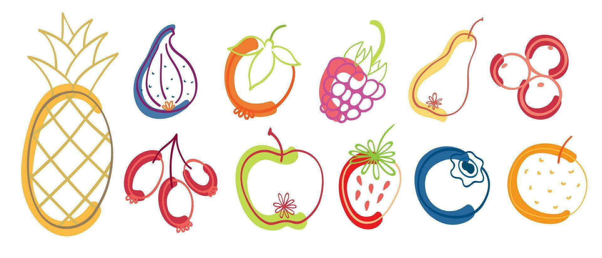 Set of tropic natural doodle fruits. vector