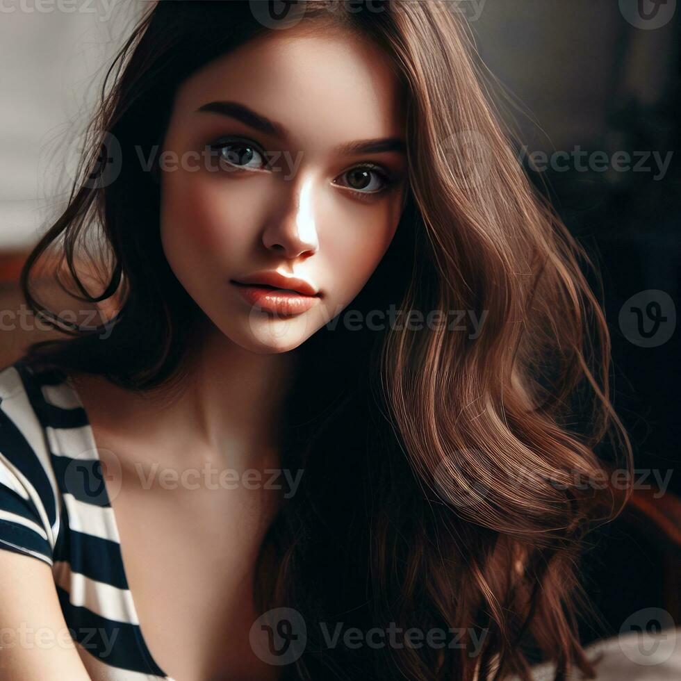 Moda interior foto de hermosa sensual mujer con oscuro pelo en elegante ropa