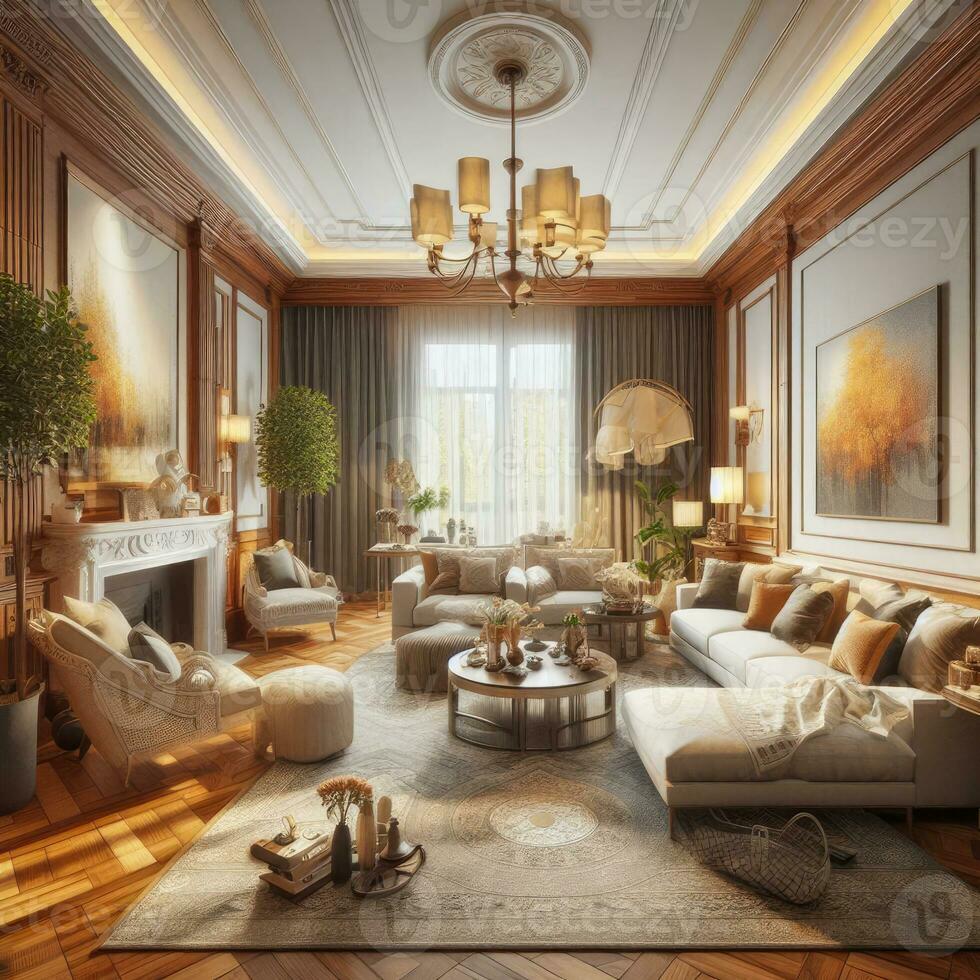 Luxury living room interior with sofa, coffee table, bookshelf and carpet. 3d render photo