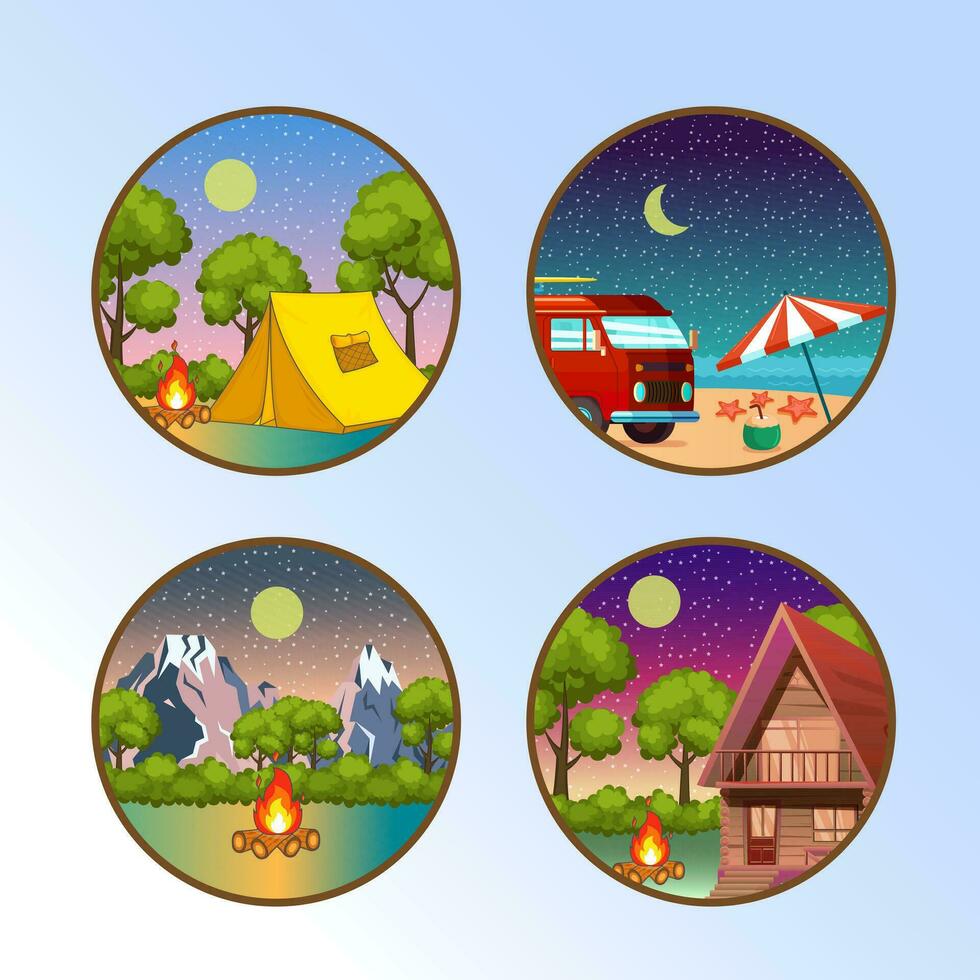 vector night camping picnic round compositions set stickerpack