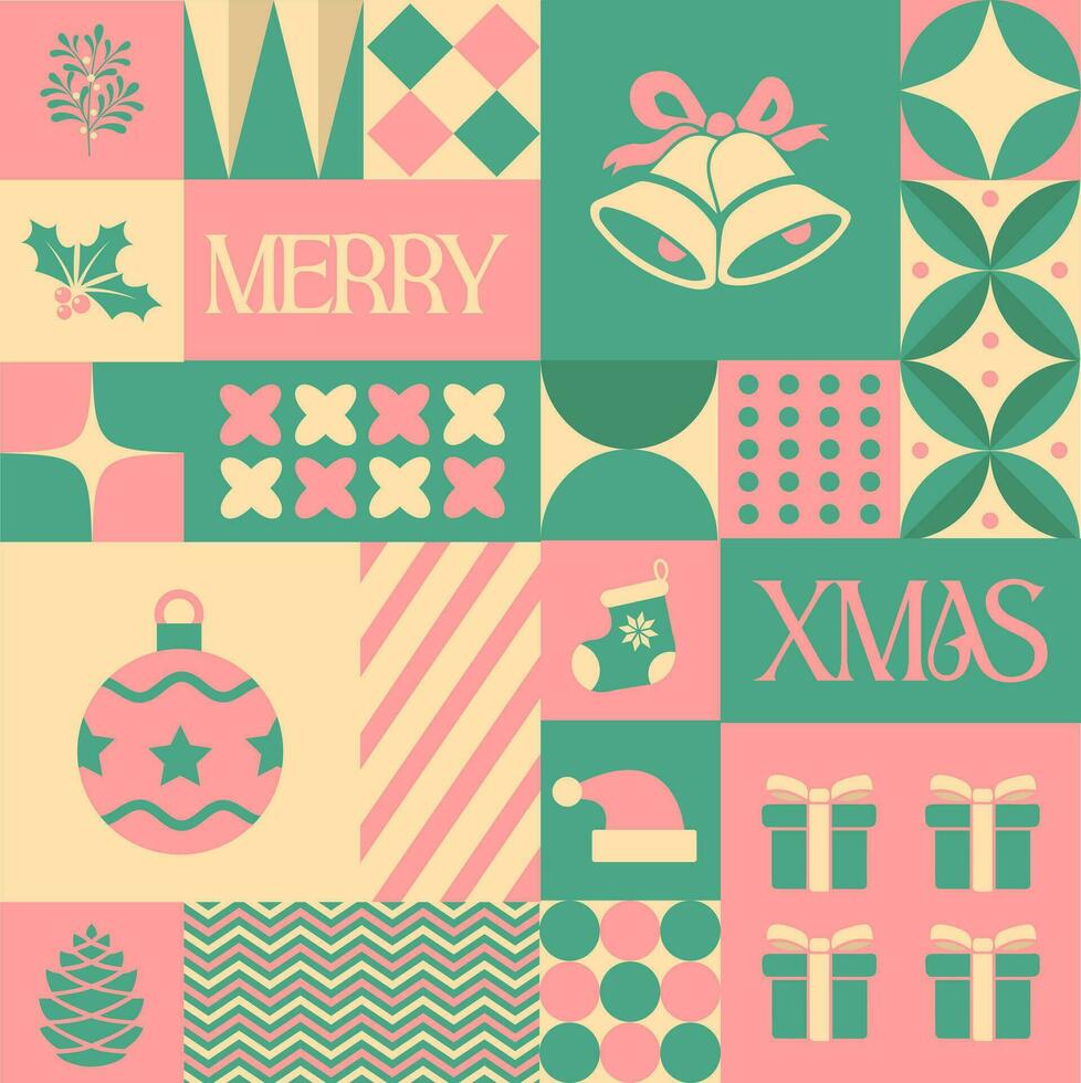 Merry Xmas Christmas seamless pattern in scandinavian style postcard with Retro clean concept design vector