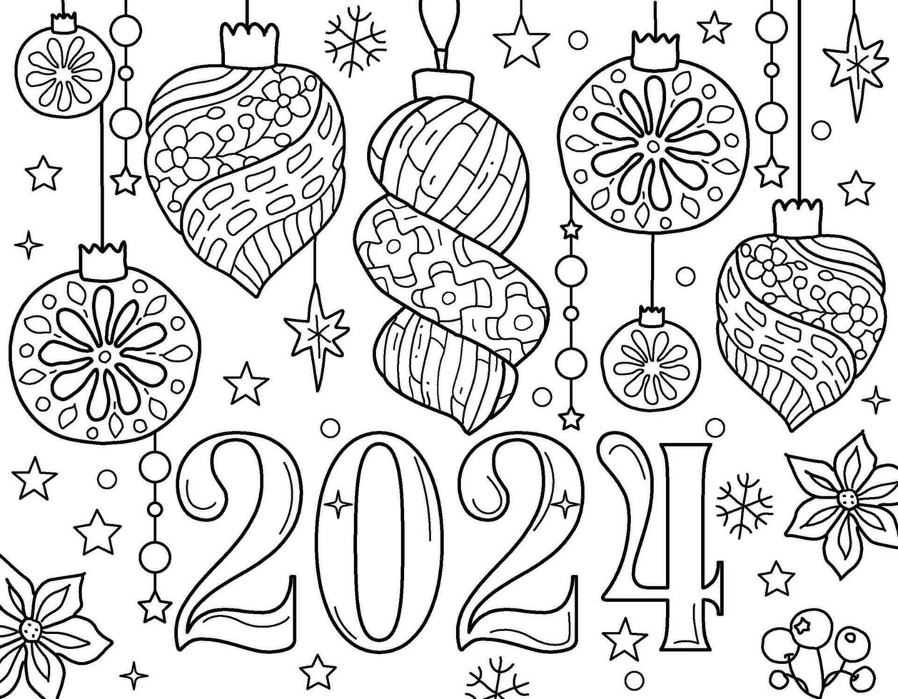 Hand drawing coloring page for kids and adults. Holiday greeting card Happy New Year 2024, Merry Christmas. Beautiful drawing with patterns and small details. Children Colouring book pictures. Vector