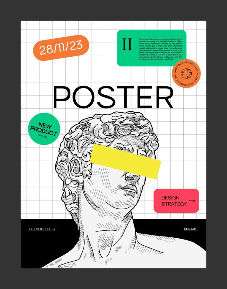 New modern vector poster design. Brutalism inspired graphics in web template layouts made with abstract geometric shapes, classical art sculpture, grid. For poster, website headers, digital print use