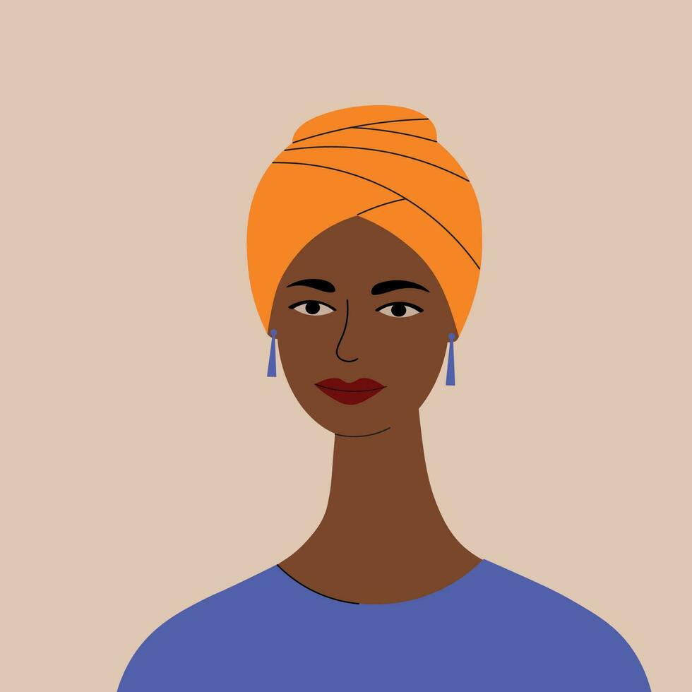 Dark skinned woman in turban hand drawn flat vector illustration. Portrait of African-American color girl in national headdress with earrings for design, poster, print, card