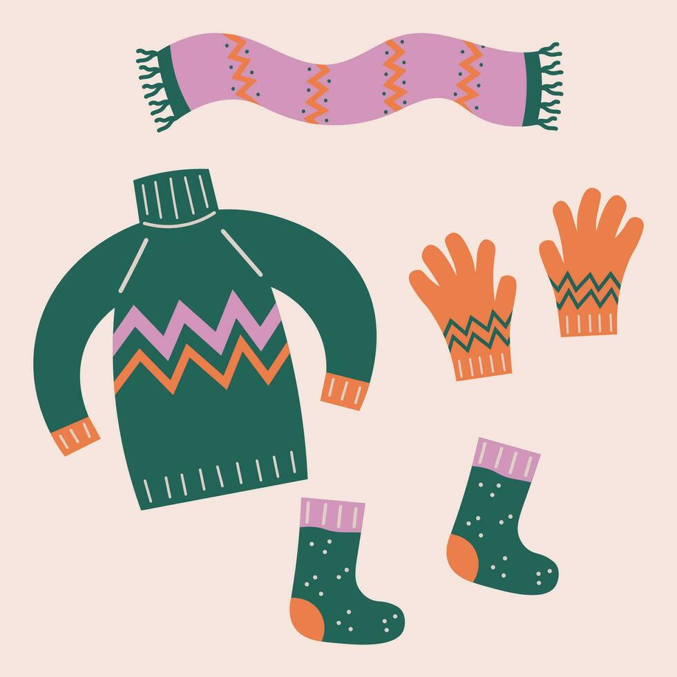 Warm accessories and clothes hand drawn flat vector illustration cartoon style. Drawing doodle with scarf, sweater, socks, gloves, cozy fashion set. Icons and design elements for print, card, template