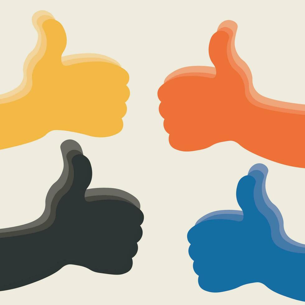 Thumb up hand gesture flat vector illustration. Hand drawn different colored hands with thumb up, sign approval, like , good, okey. Abstract background for design, print, paper, card, template, logo