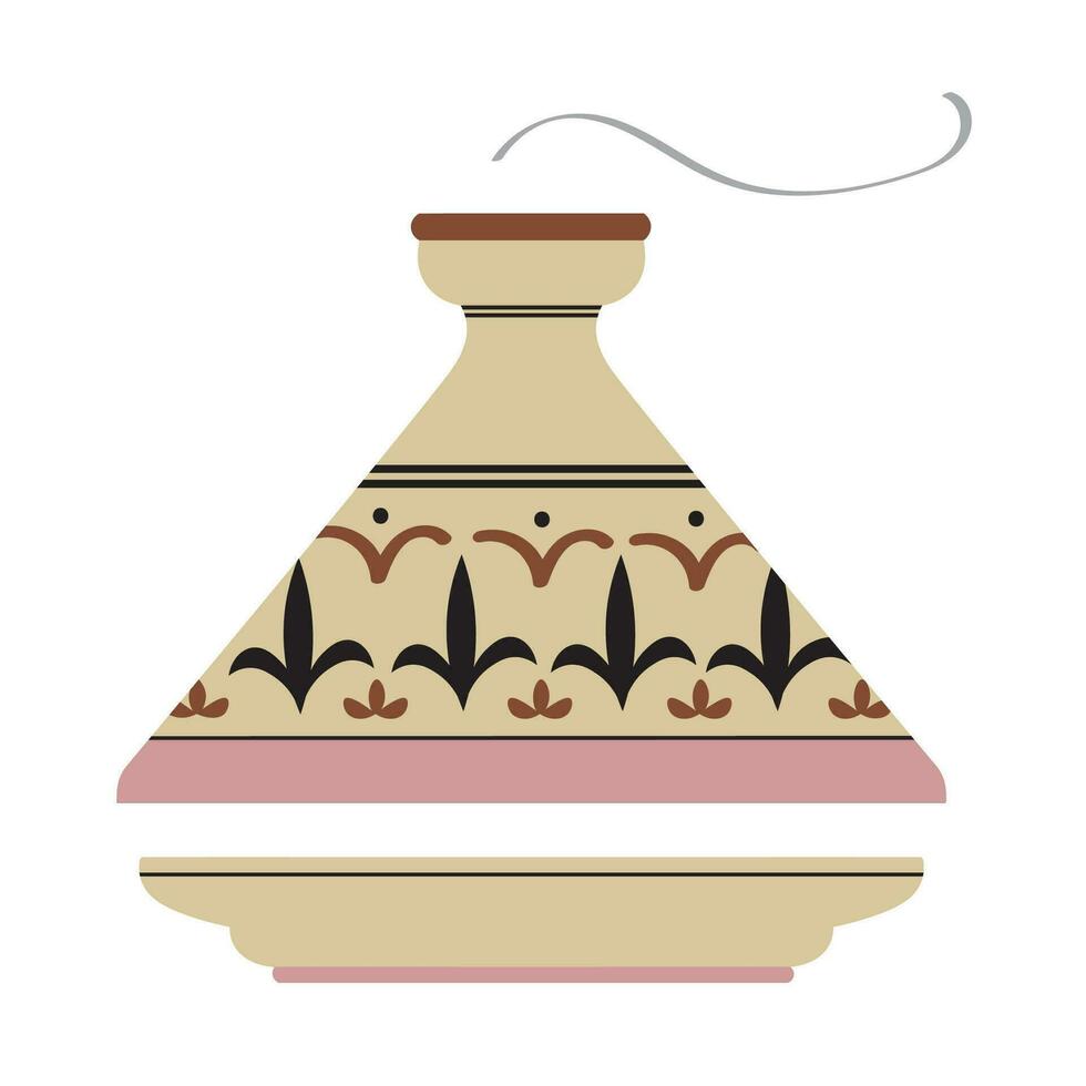 Moroccan Tagine national clay pot with conical lid flat vector illustration isolated background. Oriental ceramic utensils, Tajine for cooking food,decorative object ,traditions vessel culture Morocco