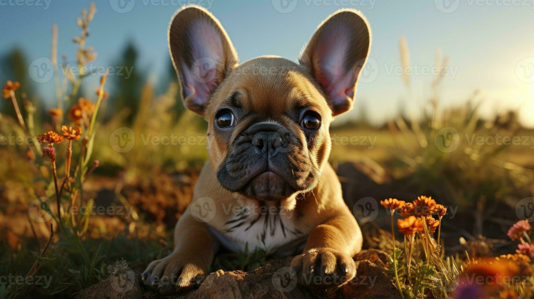 Cute beautiful domestic dog French bulldog lies resting on the grass on a walk outside photo
