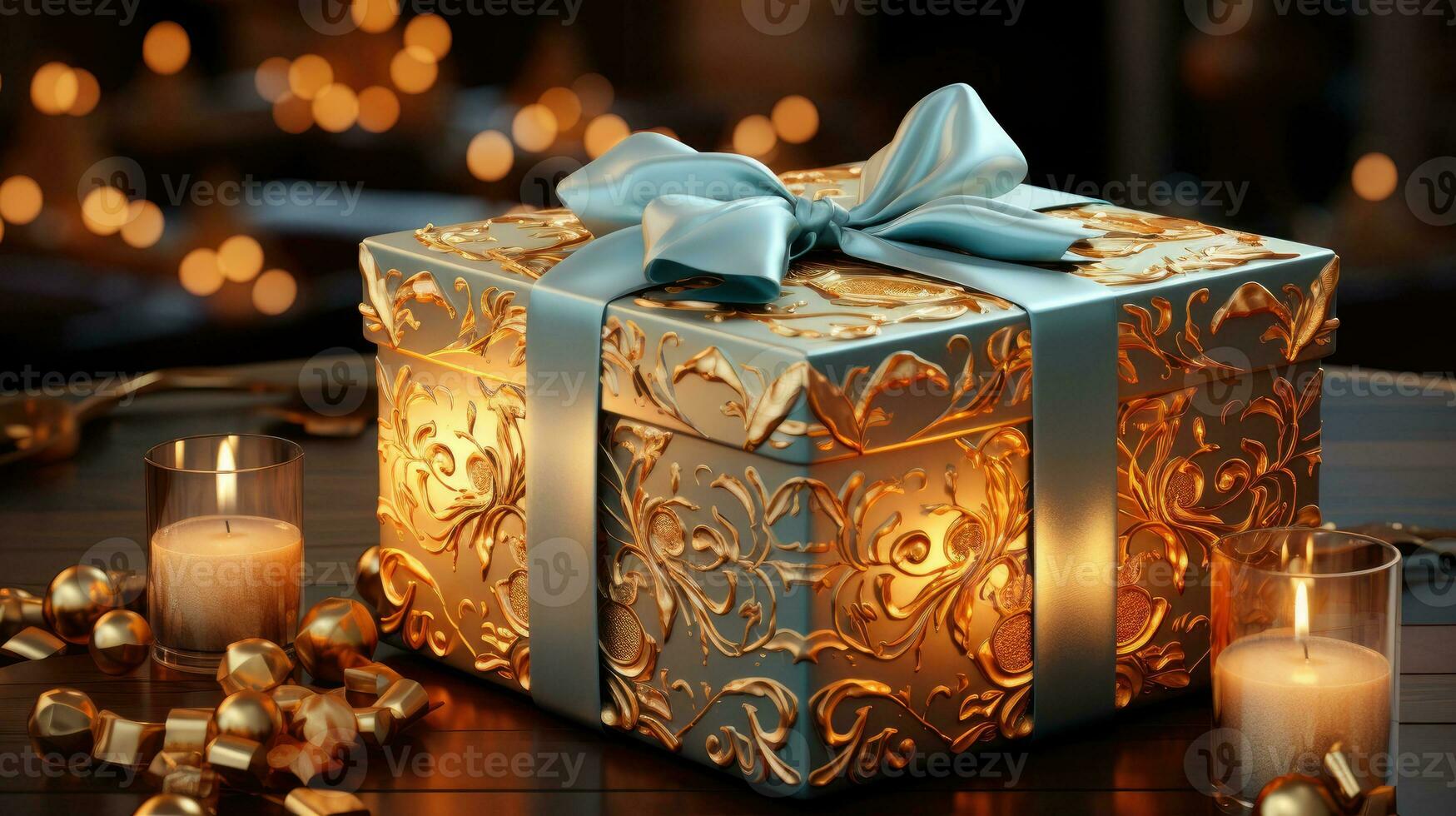 Christmas winter new year festive beautiful gift box and burning candles photo
