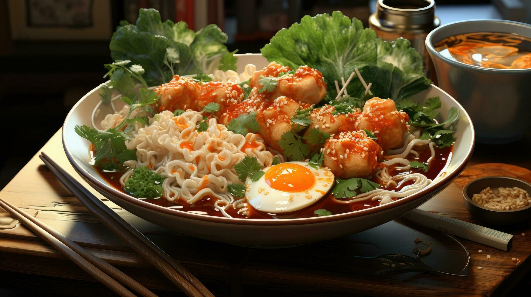 Traditional japanese udon noodle bowl with crispy fried tofu, meatballs, wakame seaweed and onion spring roll photo