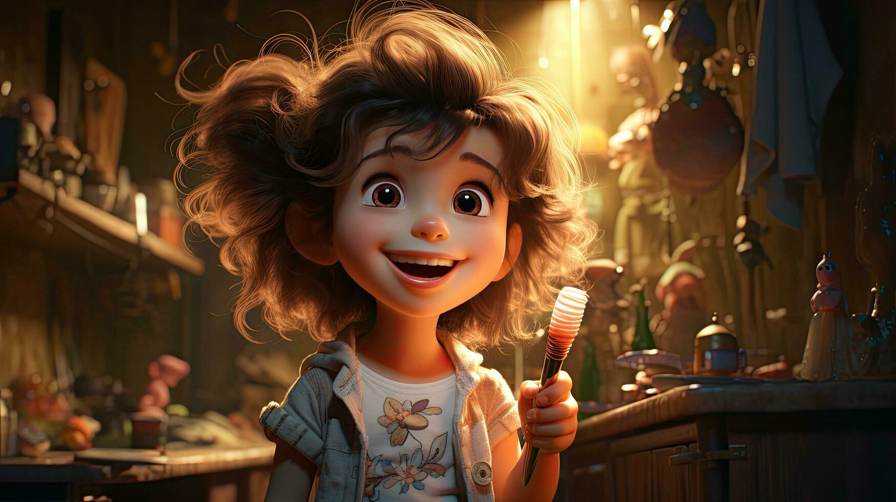 Little joyful child smiling, cartoon girl sorceress playing with a magic wand photo