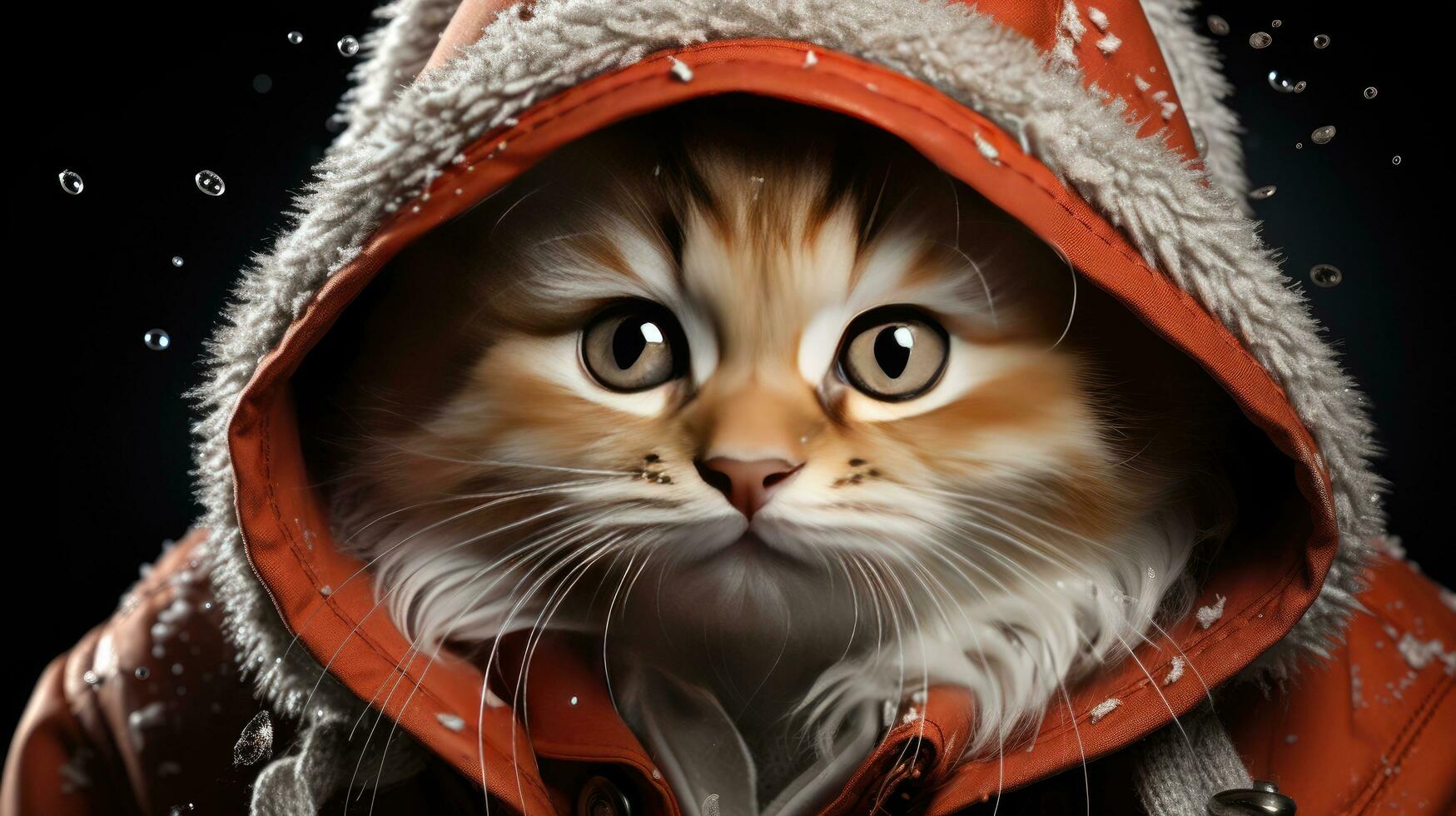 Cute cat in a jacket and hood in the snowy winter for Christmas and New Year photo