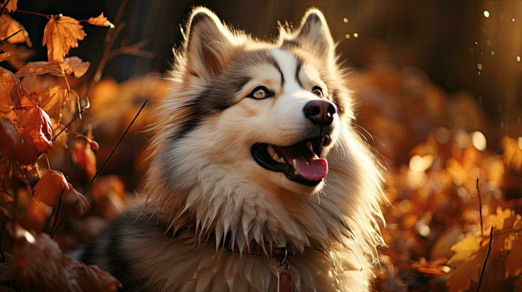Happy and gorgeous Siberian Husky dog with tonque hanging out standing in the bright golden autumn forest at sunset photo