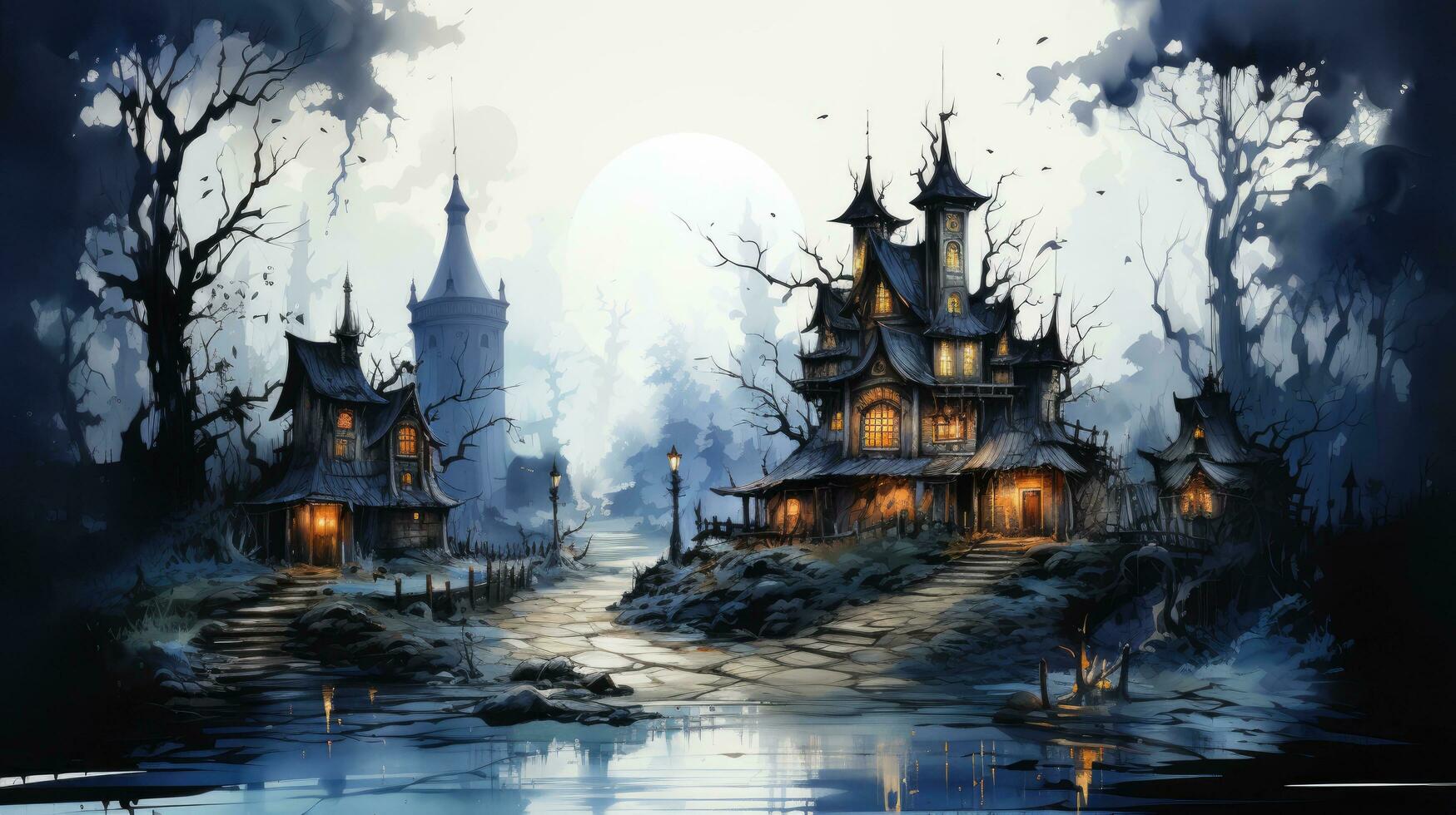 Creepy scary big house mansion castle on a white background, illustration for the holiday Halloween photo