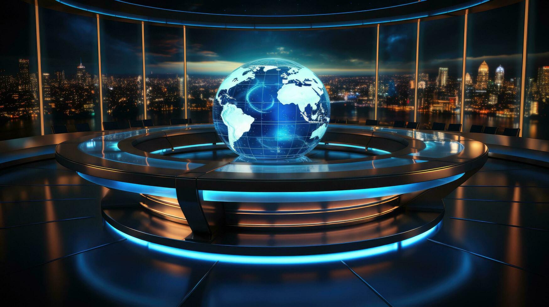 Modern television studio for world breaking news with equipment for leading reporters and announcers photo