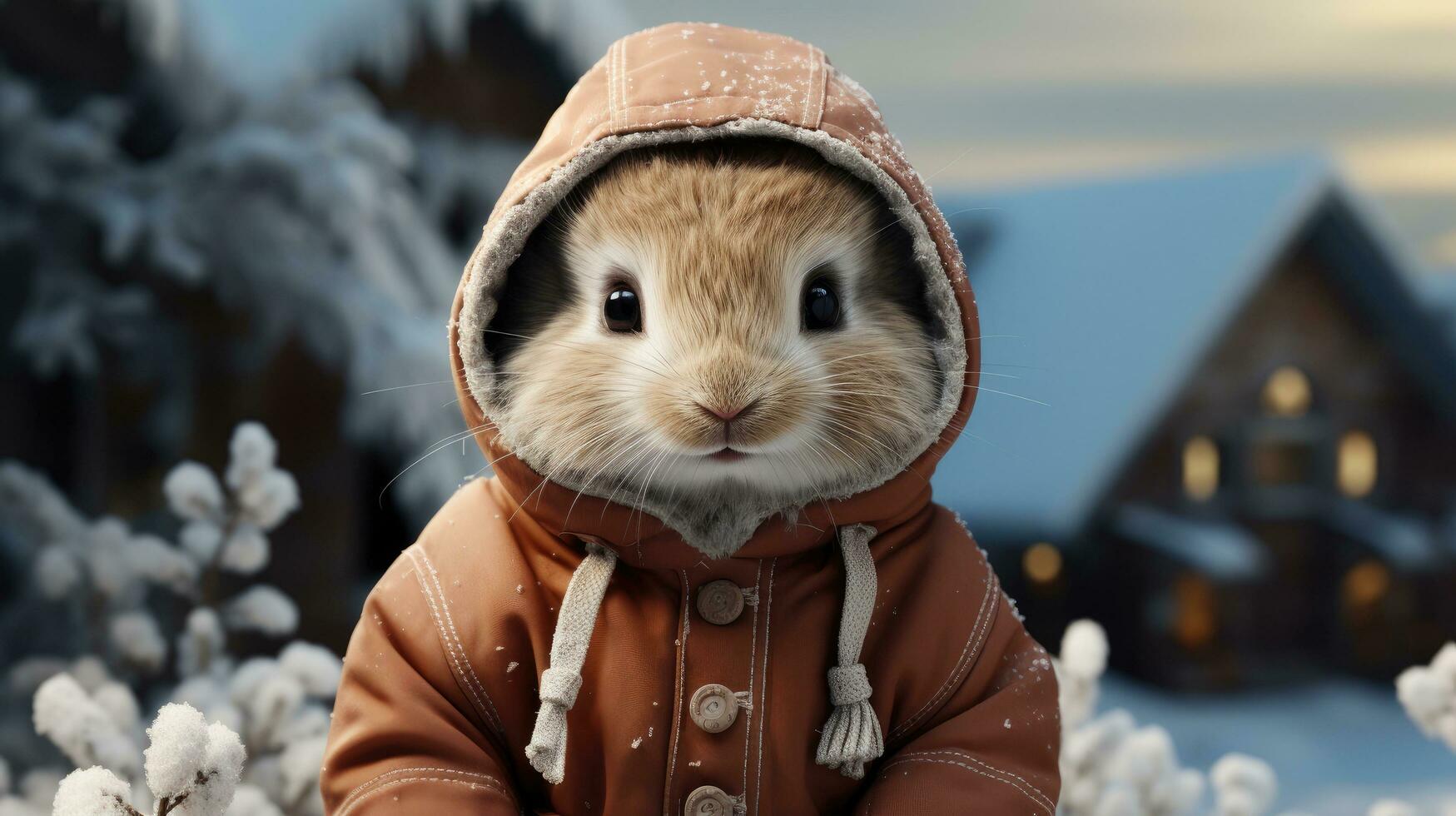 Cute rabbit in a jacket and hood in the snowy winter for the Christmas and New Year holiday photo