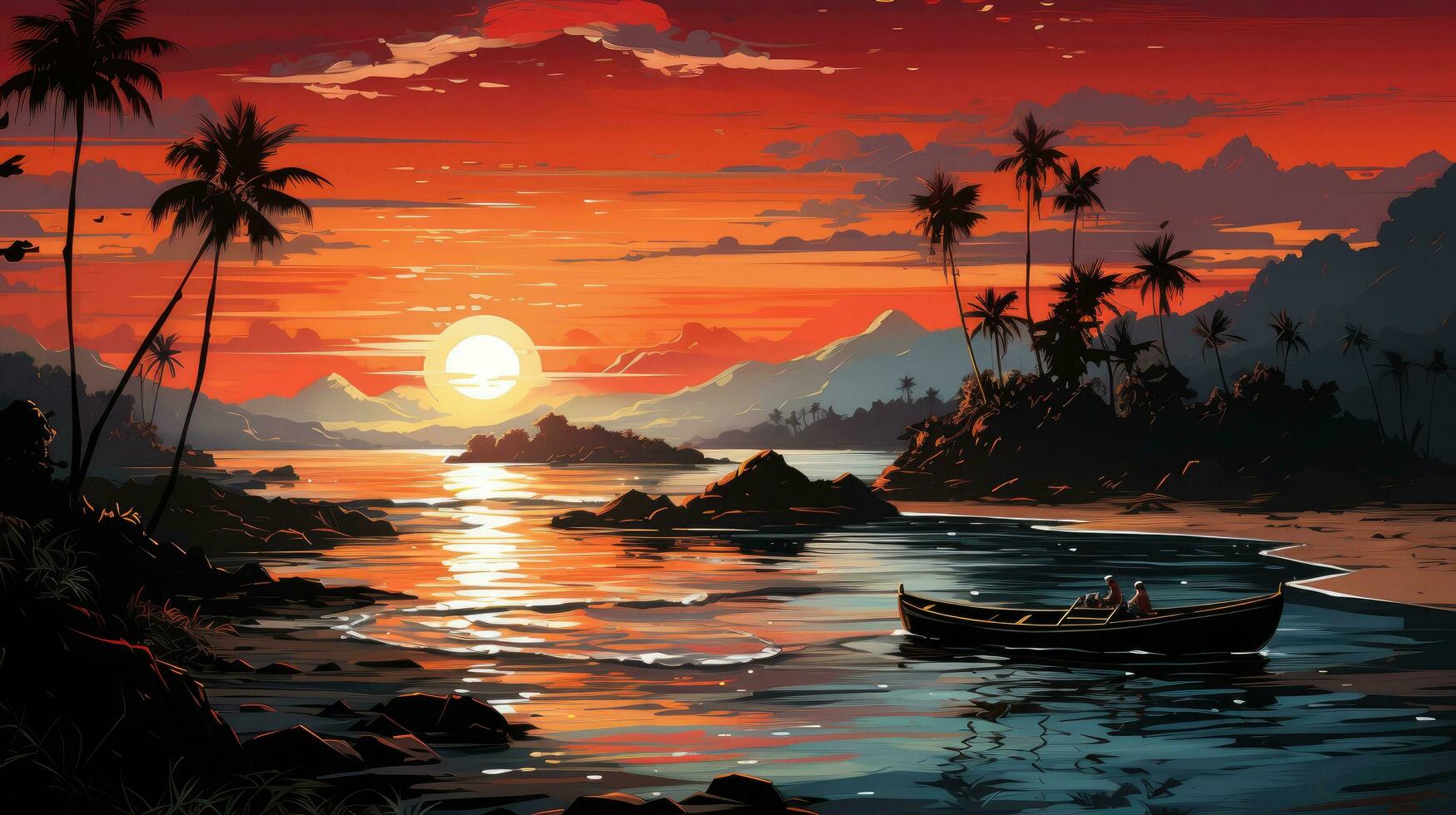 Beautiful red sunset on the beach at sea with palm trees and sun, concept for vacation and vacation in tropical warm countries photo