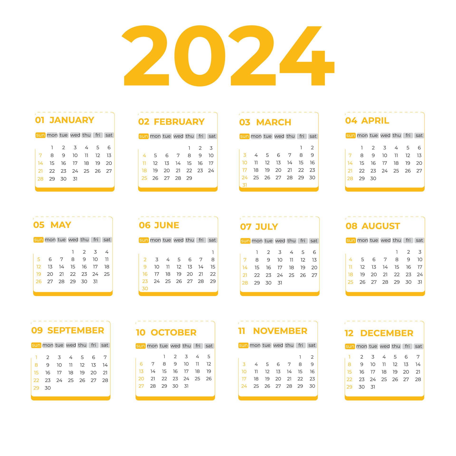 2024 one page calendar ediable and printtable file. Vector new year