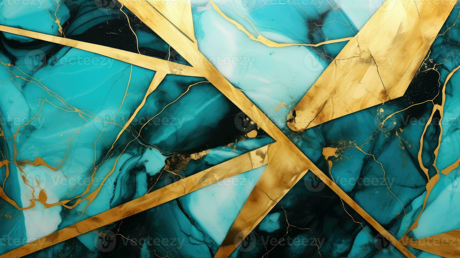 Abstract turquoise golden grunge marble geometric background. Generative AI photo