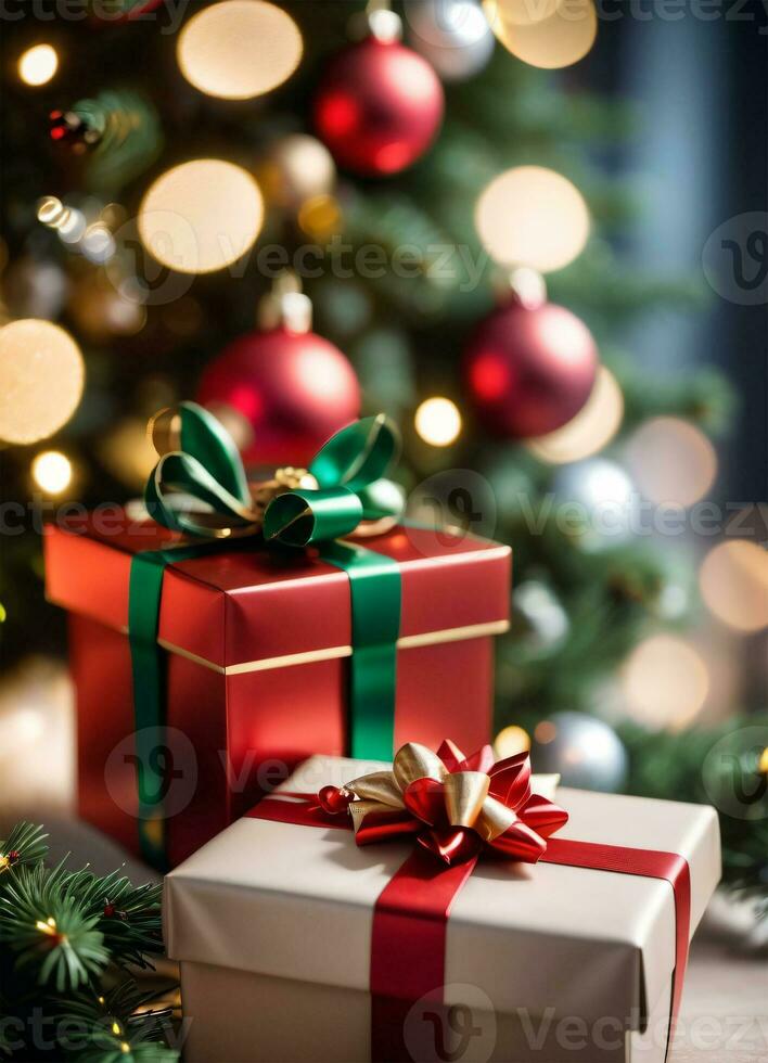 foto de el Navidad árbol y regalo cajas regalos Navidad luces contento nuevo año ai generativo