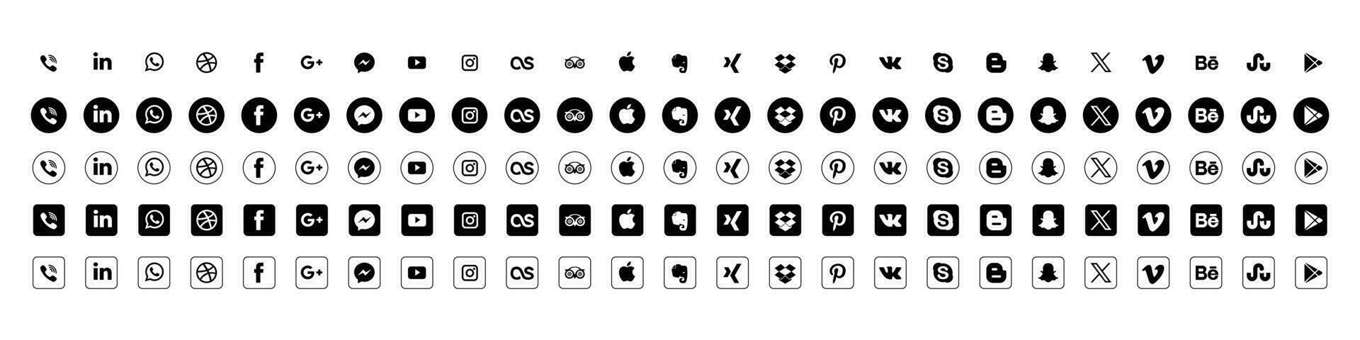 Social media logotype set. X Youtube Facebook Instagram Twitter  Threads Snapchat Whatsap Pinterest Linkedin Vimeo Tiktok Periscope Behance  logo set. Social network icons vector