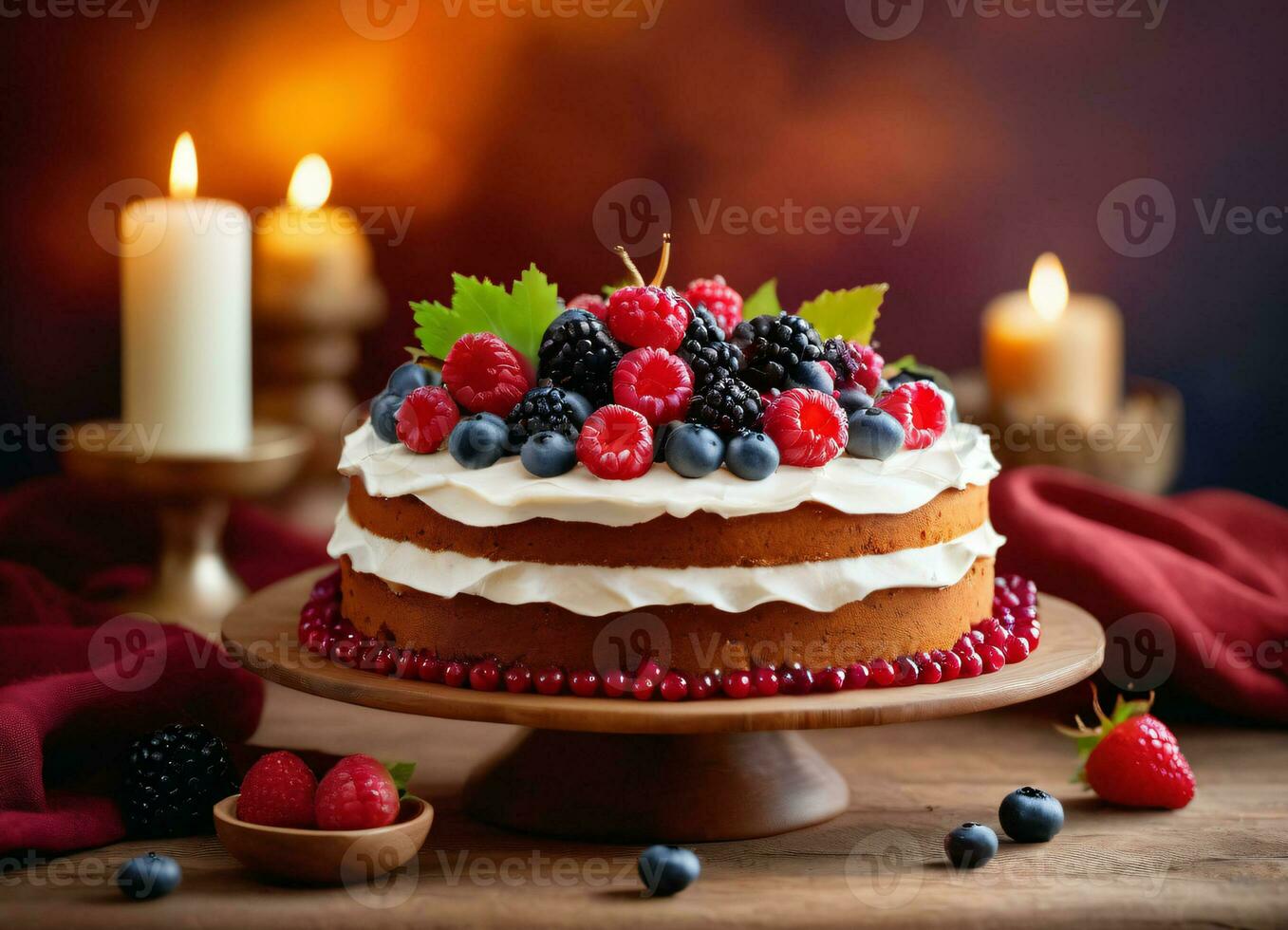 Photo of the cake decorated with berries on the wooden table with candles AI Generative